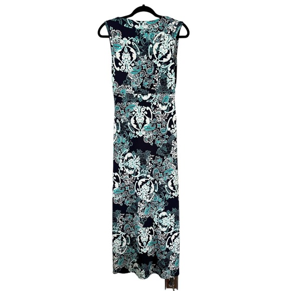 Susan Lawrence Navy Blue Slinky Green Paisley Print Stretchy Maxi Dress Sz Small - Picture 3 of 6